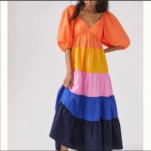 Farm Rio | NWT Anthropologie Anthro Puff Sleeve Color Block Maxi Dress New S